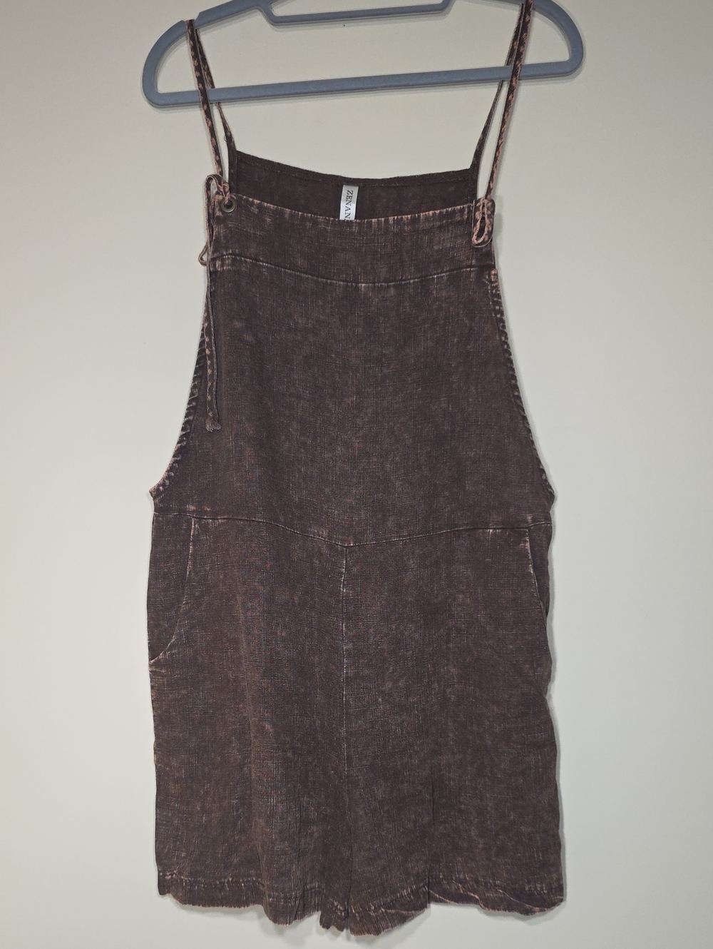Zenana NWT Deep Brown Washed Linen Knot Strap Romper Pockets Medium - Picture 3 of 7